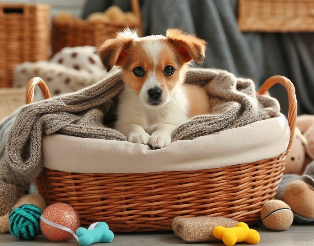 chien confortablement installé dans son panier en osier