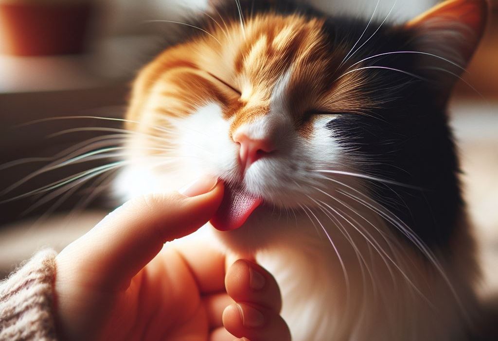 chat qui lèche la main d'une femme