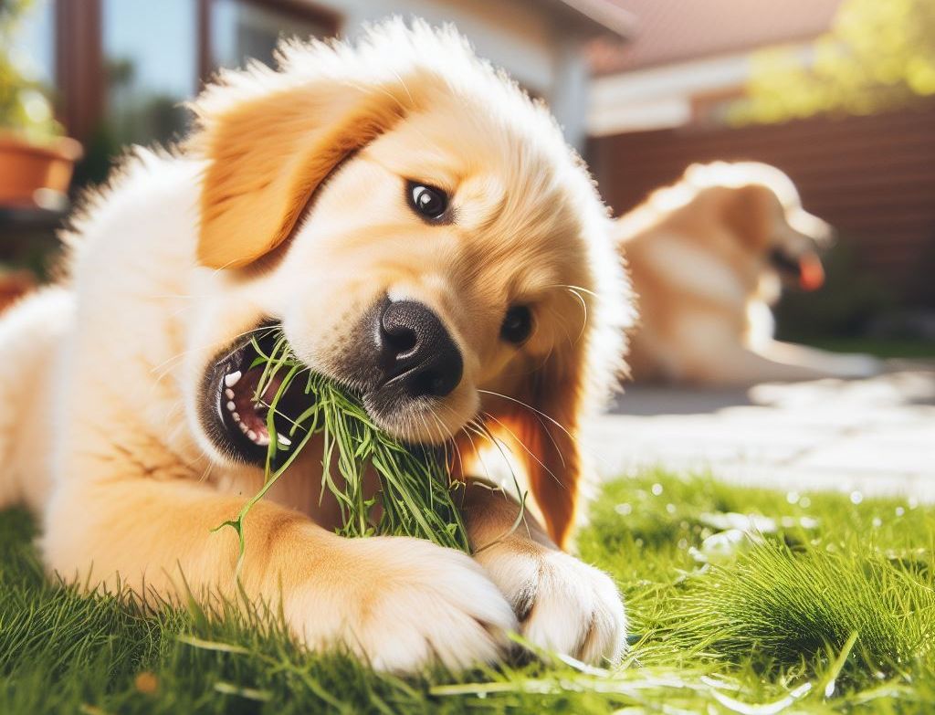 chien qui mange herbe